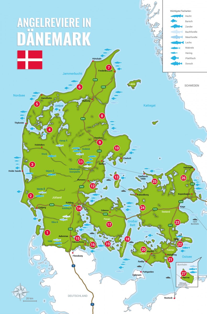 Karte für Reviere zum Angeln in Dänemark